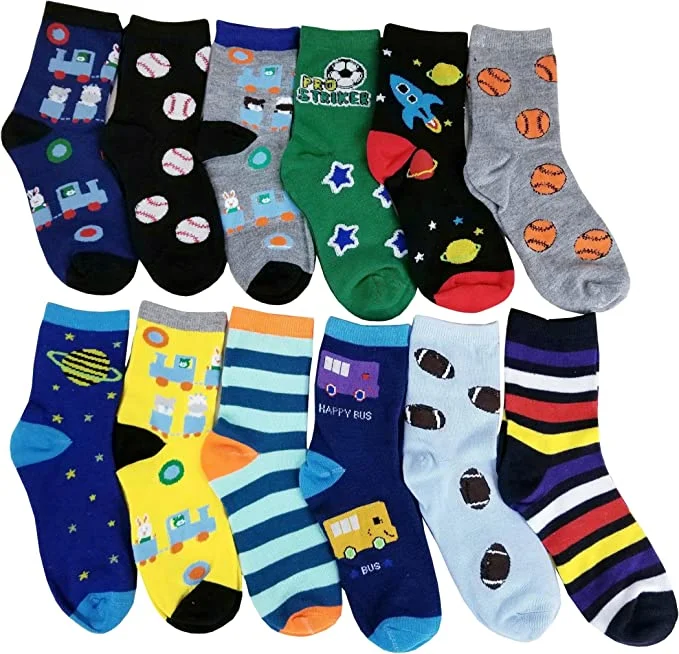 Boys Crew Socks | Kids Novelty Design (12 Pairs)