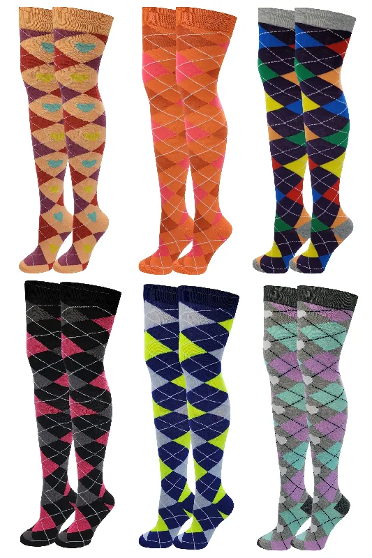 Thigh High Over the Knee Socks | Multi Argyle Design | Women (6 Pairs)