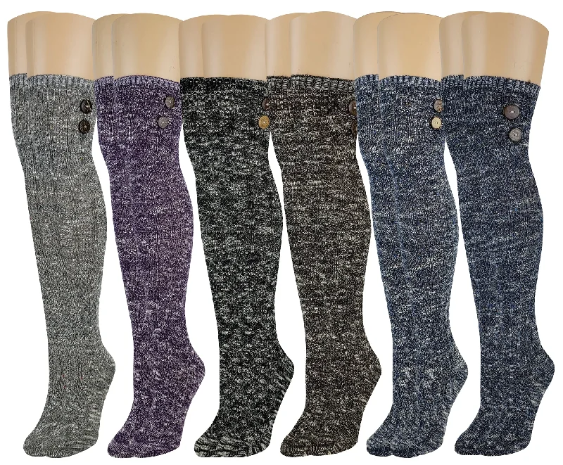 Over the Knee Tigh-High Socks | Assorted Color with Buttons | Women (6 Pairs)