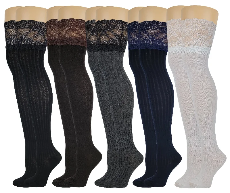 Over the Knee Socks | Assorted Color with Lace (5 Pairs)