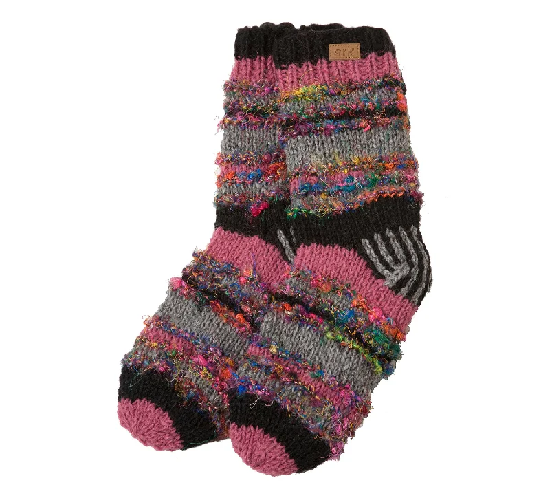 Cozy Wool Socks, Wool slippers, Mens or Womens Fleece Lined inside Black and fuscia