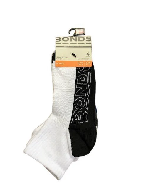 Bonds Kids Logo Light Quarter Crew Socks 4 Pack - White/Black/Grey/Charcoal/Navy