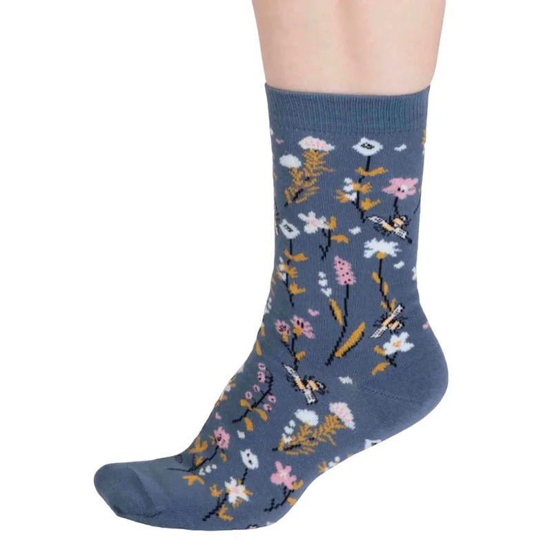 Edana Organic Cotton Bee Socks Misty Blue 4-7