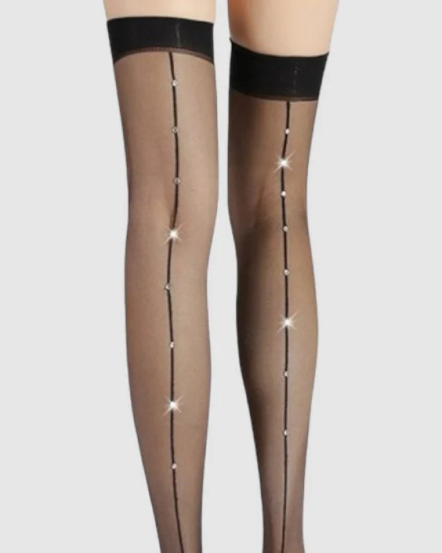 Glitter Seam Thigh High Socks - Black