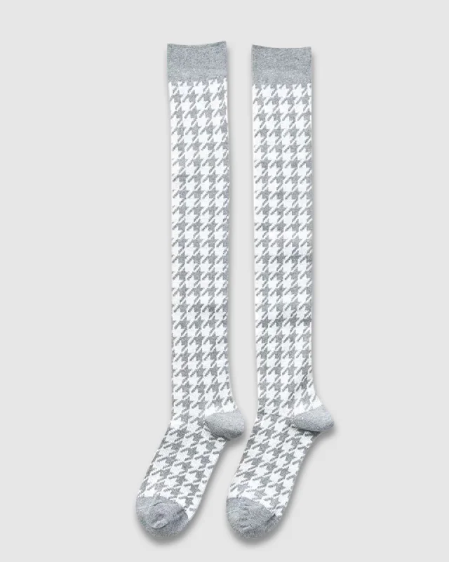 Houndstooth Knee High Socks - Grey