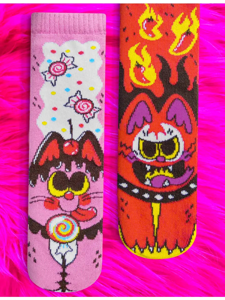 Purrty Sweet and Feline Spicy | Kids Socks | Mismatched Fun Socks