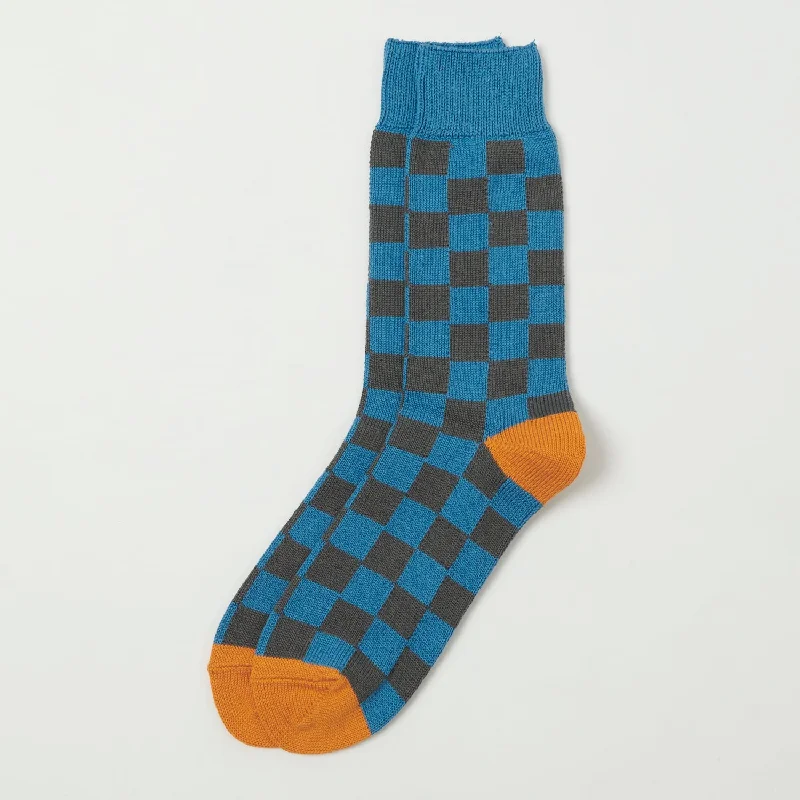 RoToTo Checkerboard Crew Sock - Light Blue/Dark Grey/Light Orange