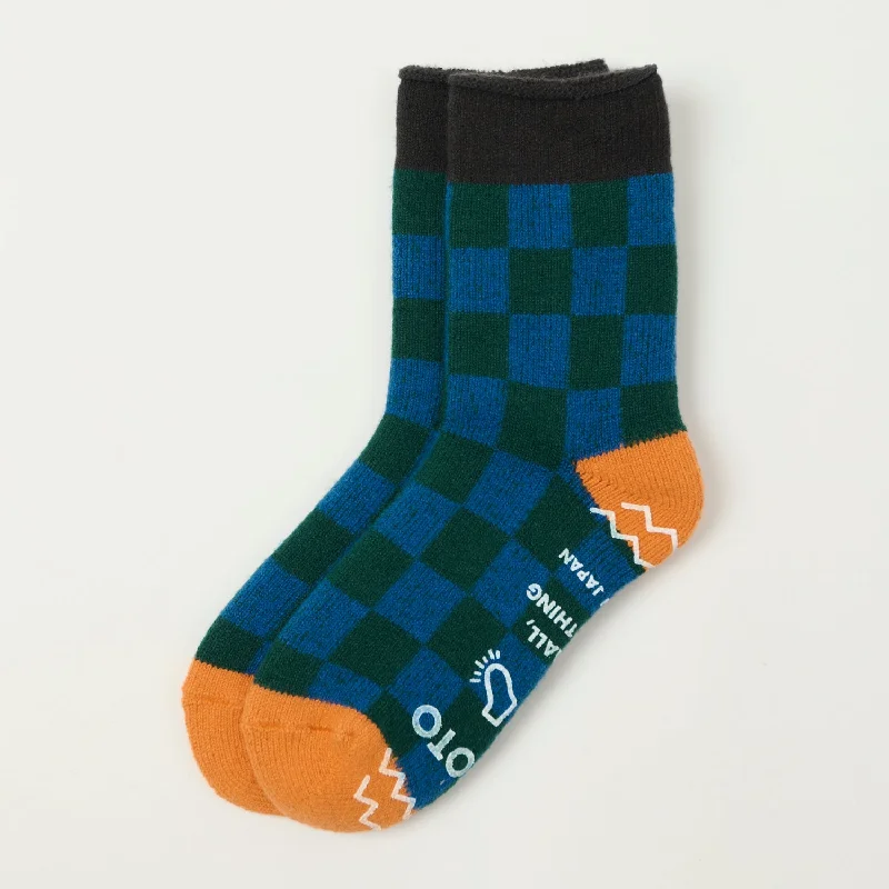 RoToTo 'Checkerboard' Pile Room Sock - Dark Green/Blue