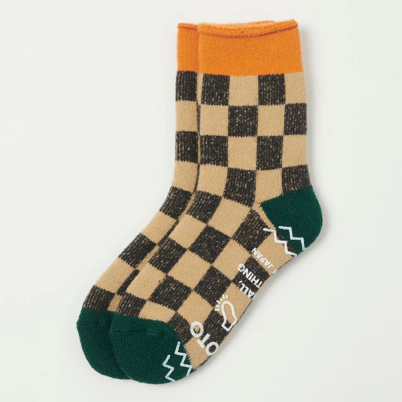 RoToTo 'Checkerboard' Pile Room Sock - L. Orange/Green