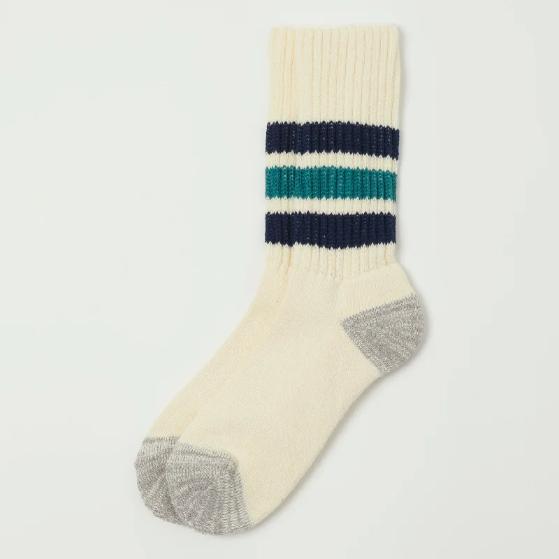 RoToTo Coarse Ribbed Oldschool Crew Sock - Navy Blue/New Green