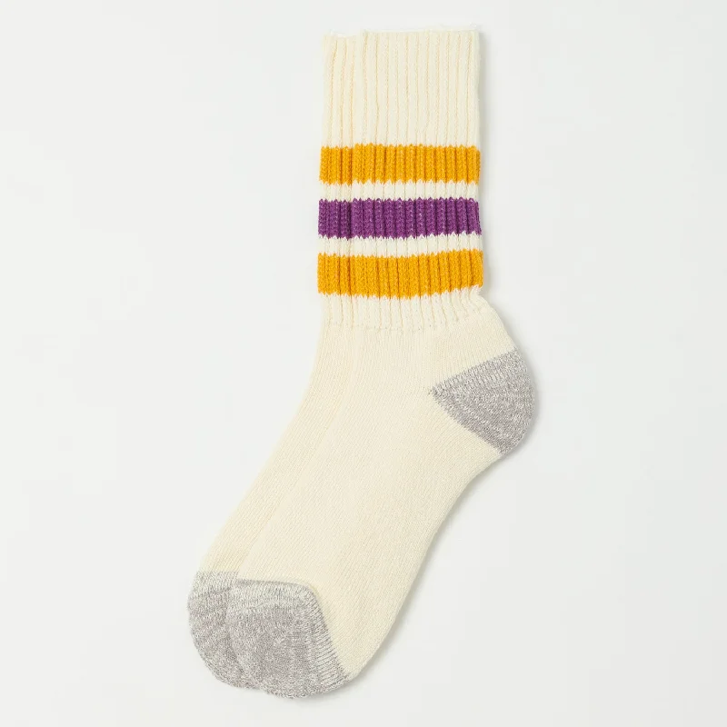 RoToTo Coarse Ribbed Oldschool Crew Sock - Yellow/Purple