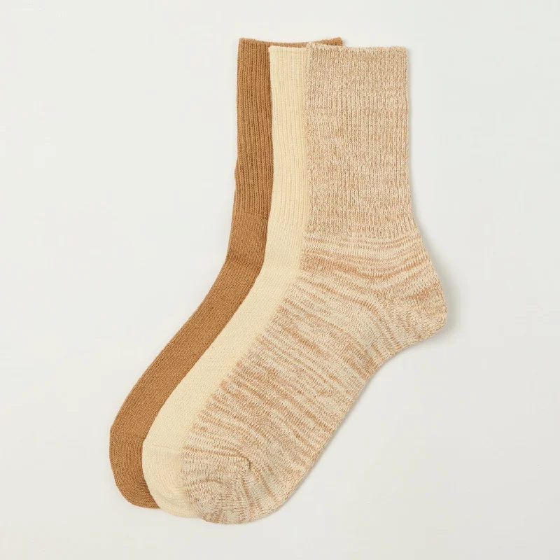 RoToTo Organic Daily 3 Pack Ribbed Crew Sock - Ecru/Brown