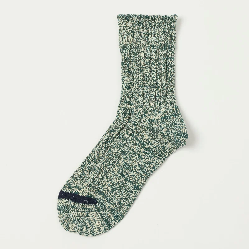 RoToTo Recycled Cotton Ribbed Crew Sock - Dark Green/Ivory