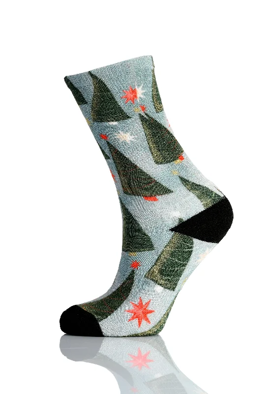 Christmas and Hanukkah Holiday Colorful CoolMax Crew Socks for Men & Women - Trees and Stars